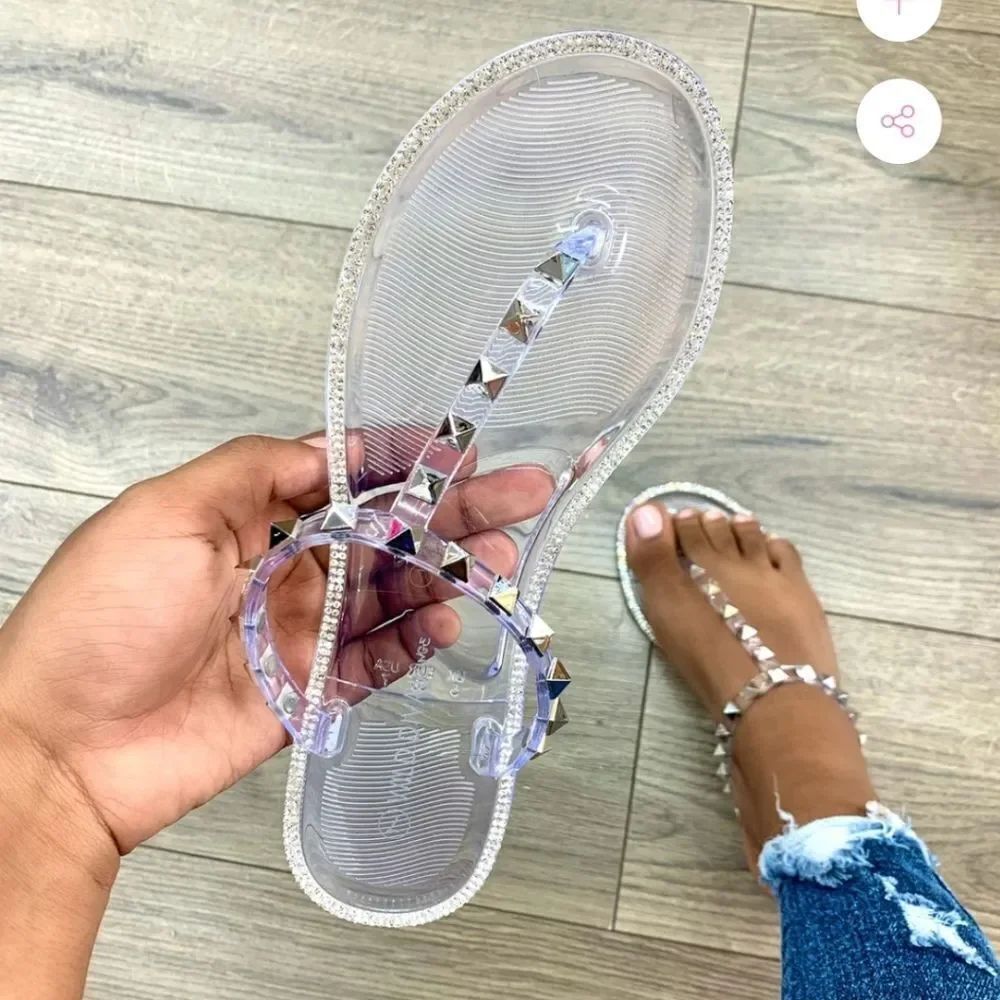 BRAND NEW WILD DIVA LOUNGS CLEAR STUDDED DETAILS SLIP-ON SANDAL